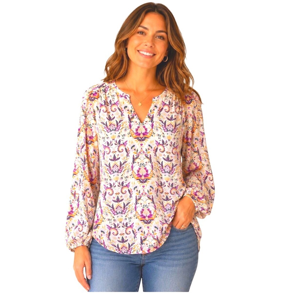 Violet‎ + Claire Blouse Womens XL Purple Orange Paisley Floral Split Neck